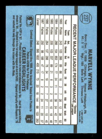 Light blue 1988 Donruss #237 Marvell Wynne baseball card for San Diego Padres fans