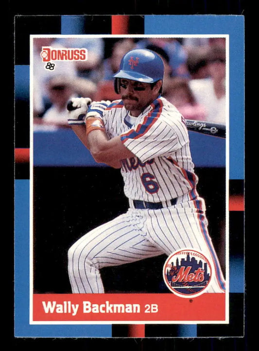 1988 Donruss Wally Backman baseball card featuring Mets player in pinstriped uniform