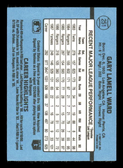 Blue baseball card featuring Gary Ward’s stats, perfect for trading cards collectors