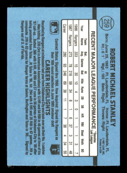 Light blue baseball card back with player stats from 1988 Donruss Mike Stanley Baseball Card