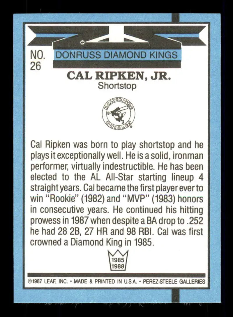 1984 Donruss Diamond Kings baseball card of Cal Ripken Jr. from Baltimore Orioles