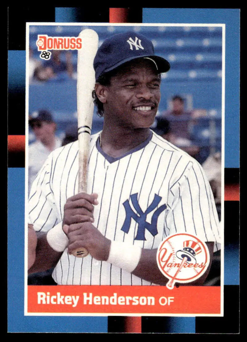 1988 Donruss Rickey Henderson baseball card featuring New York Yankees player smiling