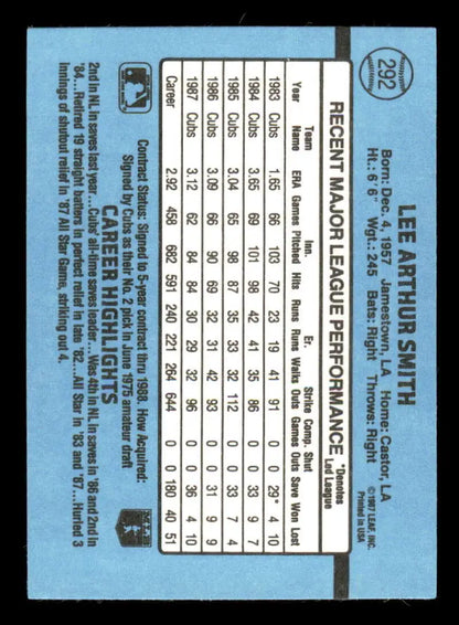 Baseball card featuring Lee Smith with player stats against a blue background