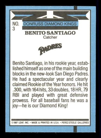 Baseball card of Benito Santiago from the 1988 Donruss Diamond Kings, San Diego Padres