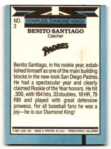 Benito Santiago baseball card from 1988 Donruss, original gloss, San Diego Padres