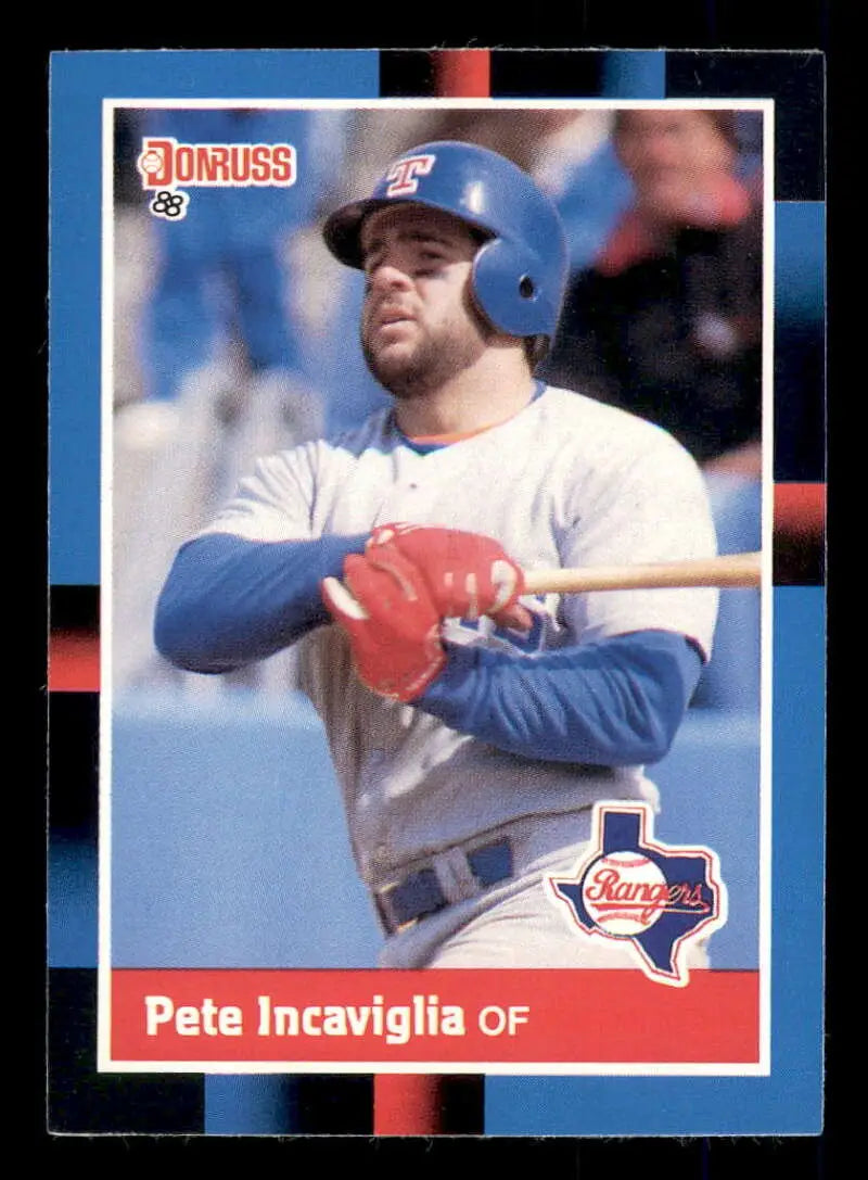 1988 Donruss #304 Pete Incaviglia Texas Rangers trading card featuring outfielder at bat