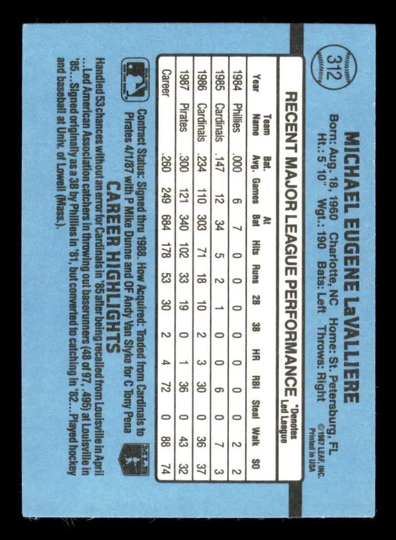 1988 Donruss #312 Mike Lavalliere Baseball Card on light blue background with stats