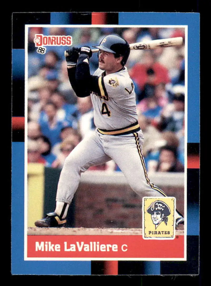 Baseball card of Pittsburgh Pirates player Mike Lavalliere in batting stance, number 14