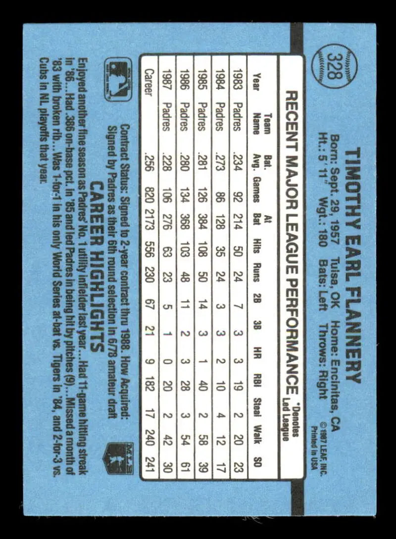 1988 Donruss #328 Tim Flannery Baseball Card featuring player stats on blue background