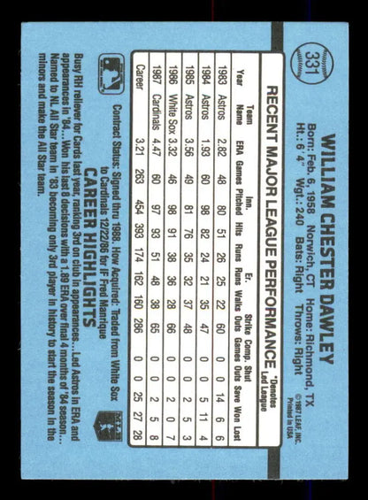 Light blue 1988 Donruss #331 Bill Dawley baseball trading card with player stats