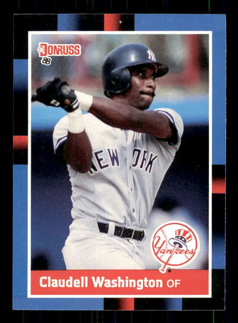 Yankees baseball card of Claudell Washington swinging in white uniform for trading cards