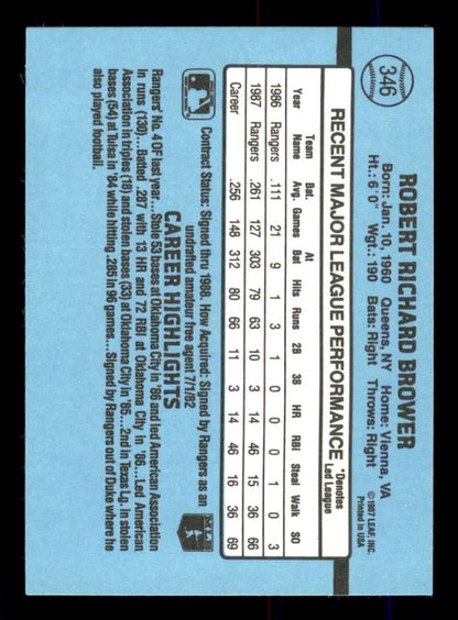 Blue 1988 Donruss #346 Bob Brower Baseball Card featuring player statistics and text