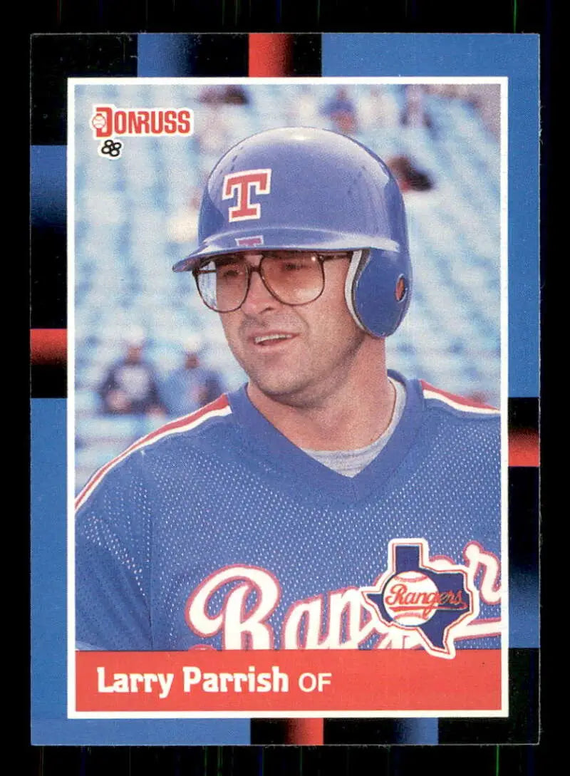 Texas Rangers baseball card of Larry Parrish wearing glasses and a blue helmet