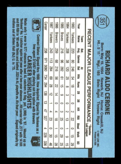 1988 Donruss Rick Cerone New York Yankees Baseball Card with player stats on blue background