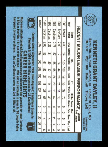 Light blue 1988 Donruss #357 Ken Dayley baseball card featuring player stats and data