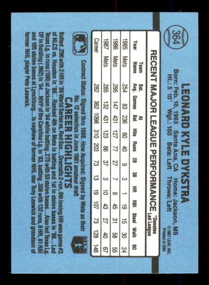 Baseball card back of Lenny Dykstra with statistics for New York Mets performance