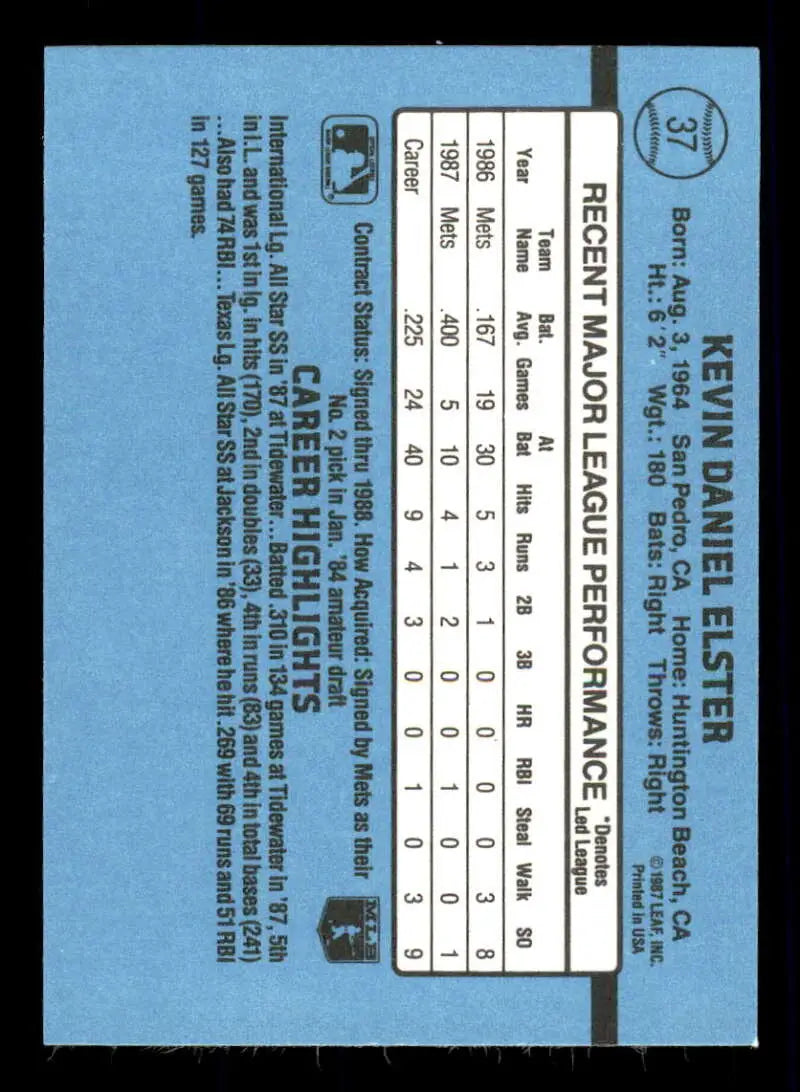 Baseball trading card back of 1988 Donruss #37 Kevin Elster with player stats