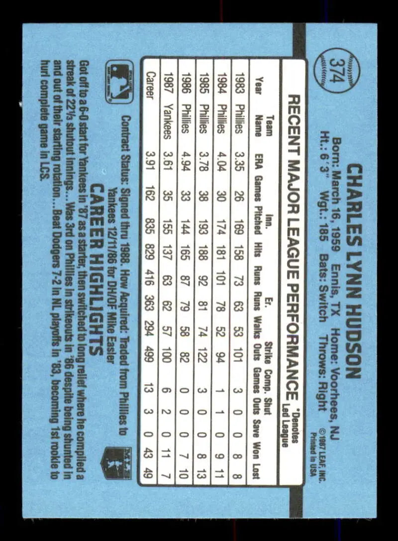 Baseball card featuring Charles Hudson statistics and light blue design for York Yankees