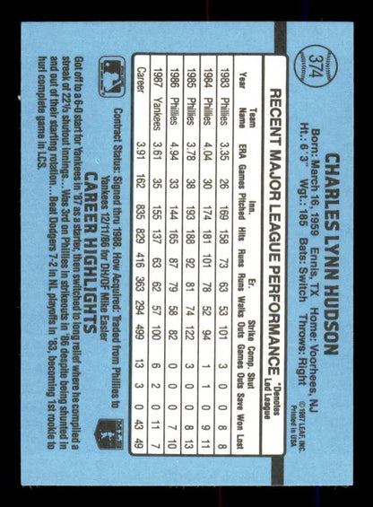 Baseball card featuring Charles Hudson statistics and light blue design for York Yankees