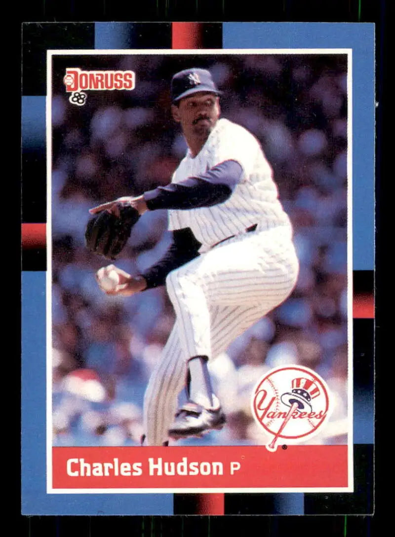 Baseball card of Charles Hudson pitching in New York Yankees pinstripe uniform