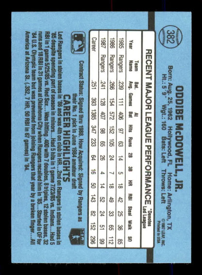 Back of 1988 Donruss #382 Oddibe McDowell Texas Rangers Baseball Card showing stats