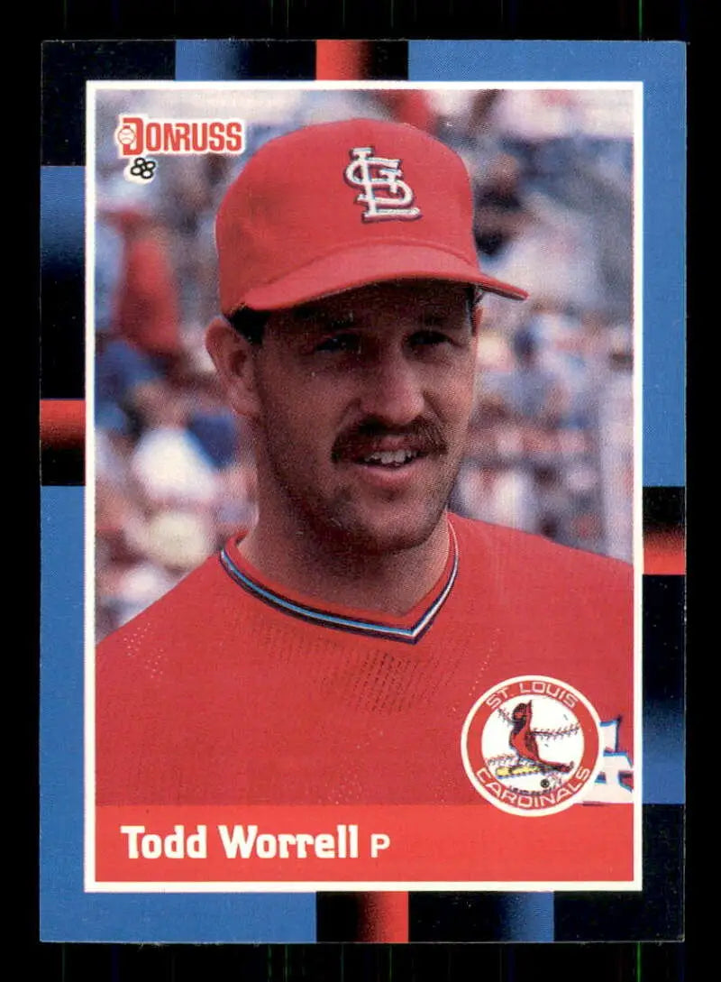 1988 Donruss Todd Worrell baseball card featuring St. Louis Cardinals pitcher in red uniform