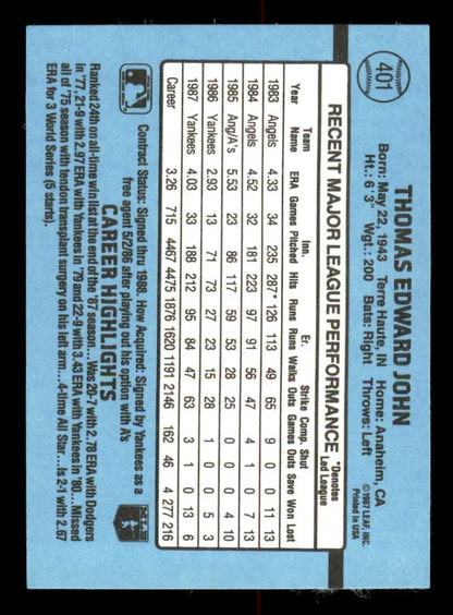 Baseball trading card back of Tommy John with statistics on light blue background