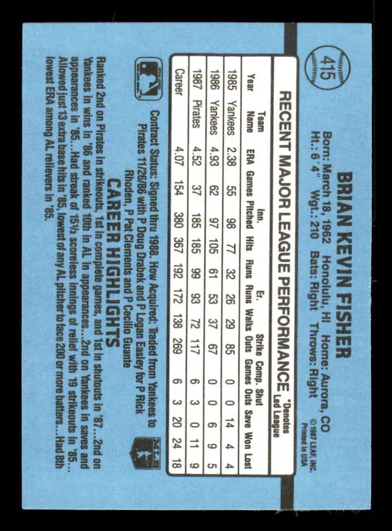 Light blue baseball card back of 1988 Donruss #415 Brian Fisher Pittsburgh Pirates