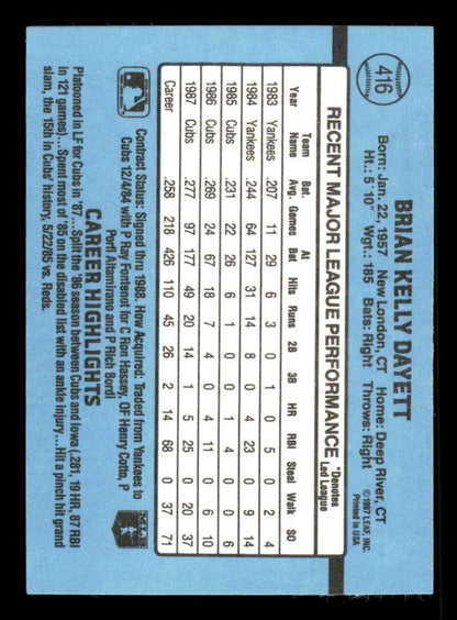 Light blue baseball card featuring Brian Dayett statistics for Chicago Cubs