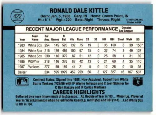 Ronald Dale Kittle baseball card, 1988 Donruss #422, original gloss, Yankees collectible