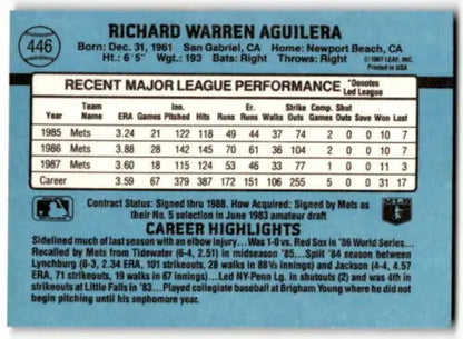 Back of 1988 Donruss #446 Rick Aguilera baseball card showcasing original gloss quality