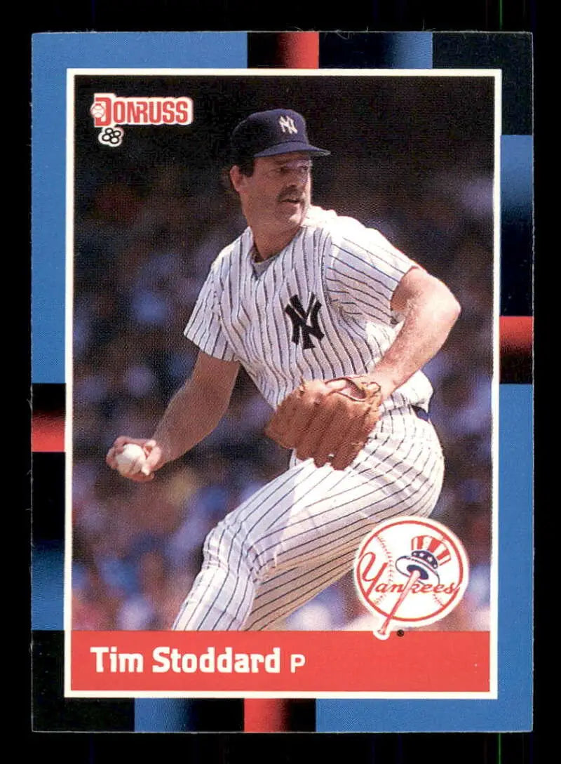 1988 Donruss Tim Stoddard baseball card featuring New York Yankees pitcher in pinstripes