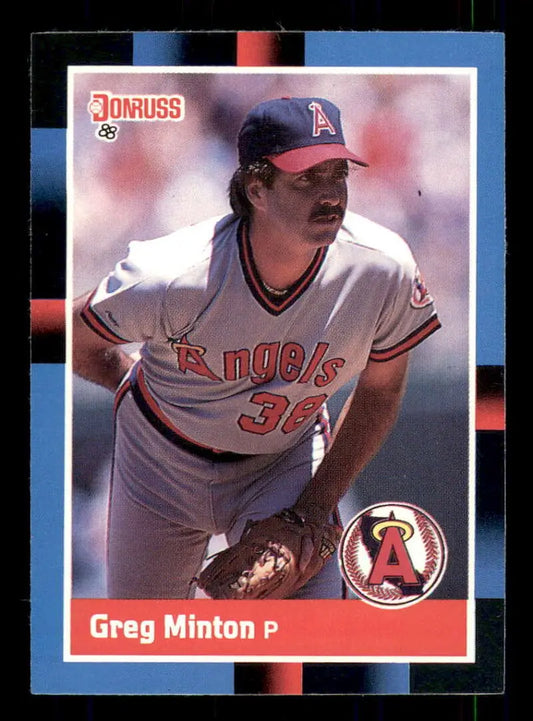 1988 Donruss Greg Minton California Angels baseball card in white and red uniform