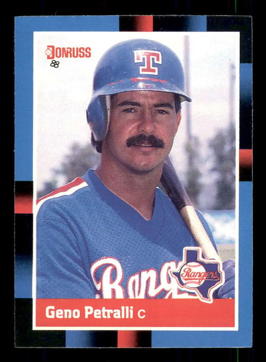 Texas Rangers baseball card of Geno Petralli in blue uniform and cap from 1988 Donruss