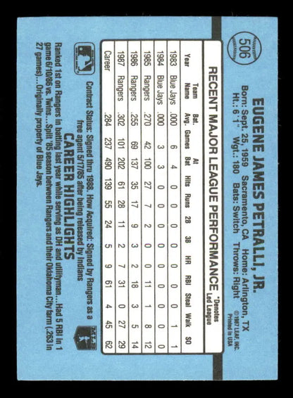 Baseball card back featuring Geno Petralli stats on light blue, Texas Rangers collectible