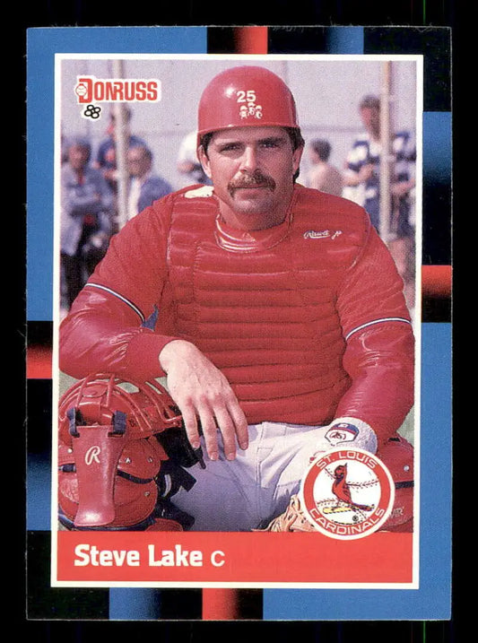 Baseball card of Steve Lake in red uniform and helmet for St. Louis Cardinals