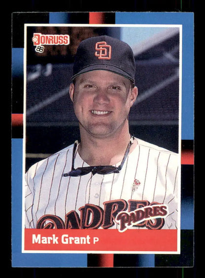 Baseball card of Mark Grant, San Diego Padres pitcher in pinstripe uniform and navy cap