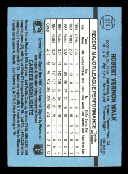 Baseball card of Bob Walk featuring statistical performance for Pittsburgh Pirates