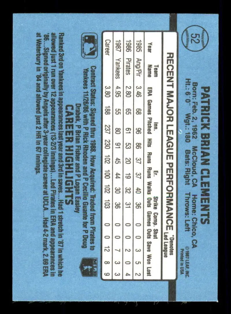 Light blue baseball card back with player stats for 1988 Donruss #52 Pat Clements