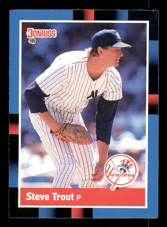 Baseball card of Steve Trout pitching for the New York Yankees in pinstripe uniform