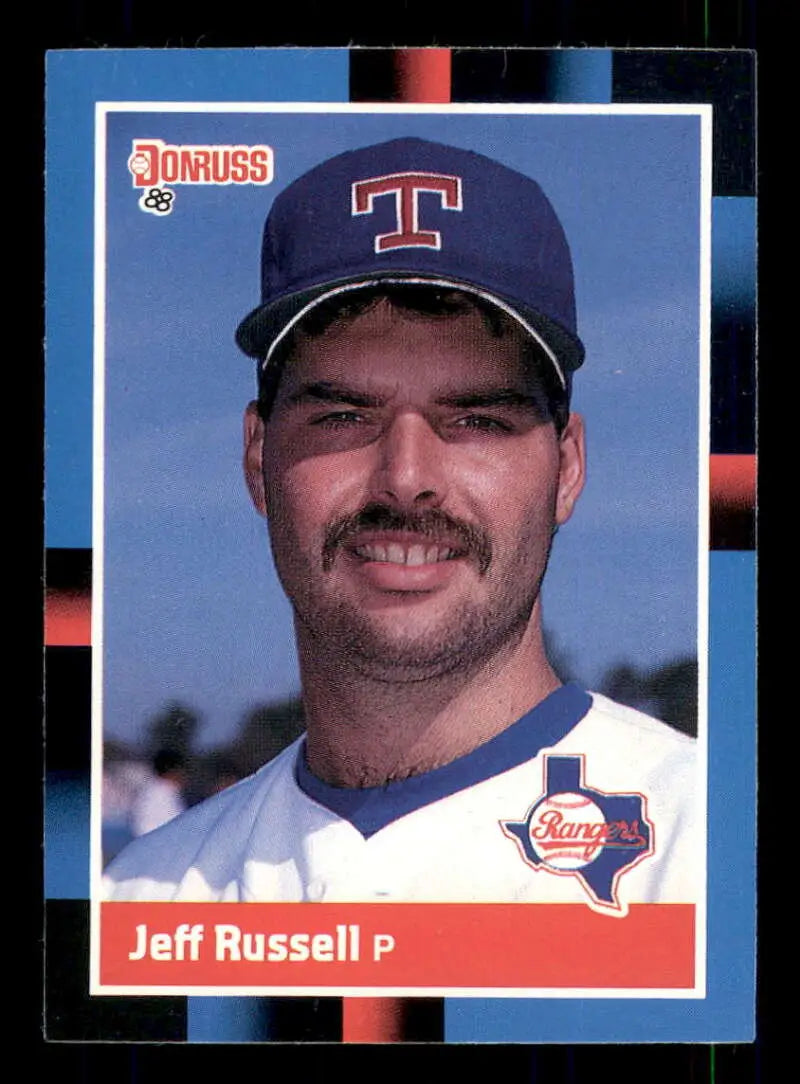 1988 Donruss Jeff Russell baseball card featuring Texas Rangers pitcher in uniform