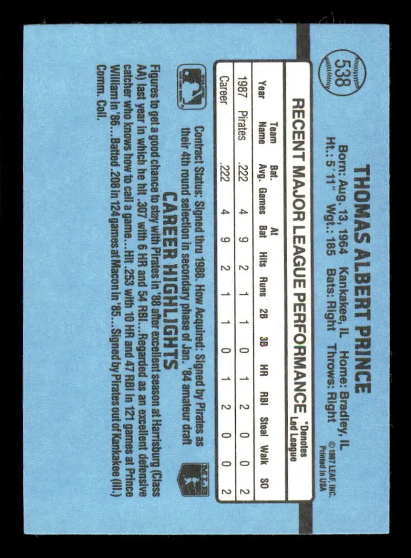 Light blue paper form or ticket for the 1988 Donruss Tom Prince Pittsburgh Pirates Baseball Card