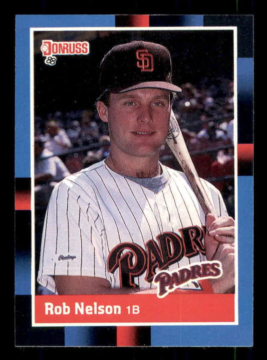 1988 Donruss baseball card of Rob Nelson in a San Diego Padres pinstripe uniform