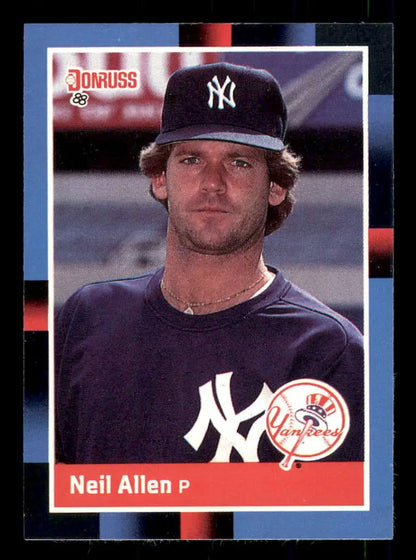 Baseball card of Neil Allen in New York Yankees navy uniform and cap