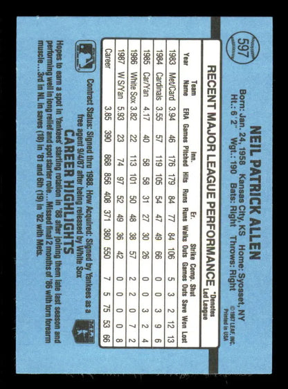 1988 Donruss Neil Allen Baseball Card with player stats on blue background, New York Yankees