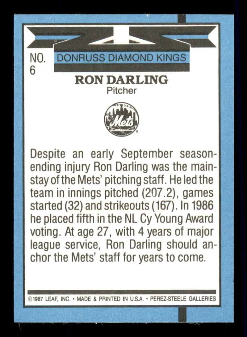 1988 Donruss Ron Darling DK Baseball Card featuring Mets pitcher for trading cards collectors