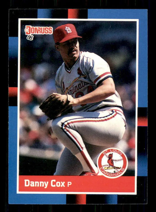 1988 Donruss baseball card of St. Louis Cardinals pitcher Danny Cox in delivery