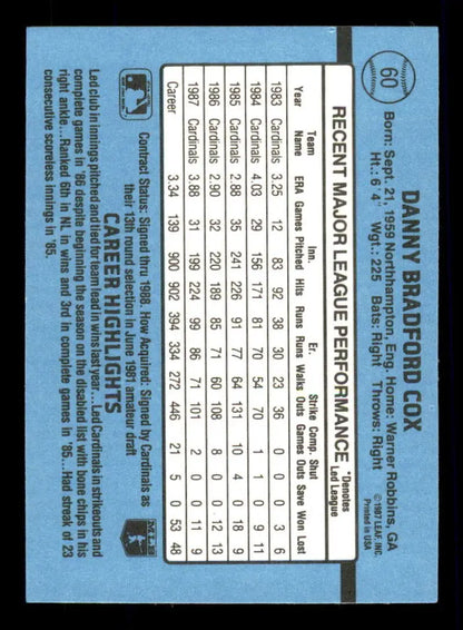 Baseball card back design with player stats of 1988 Donruss #60 Danny Cox trading cards