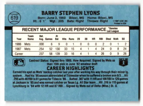 Baseball card back of 1988 Donruss #619 Barry Lyons EX/NM RC Rookie SP Mets Original Gloss