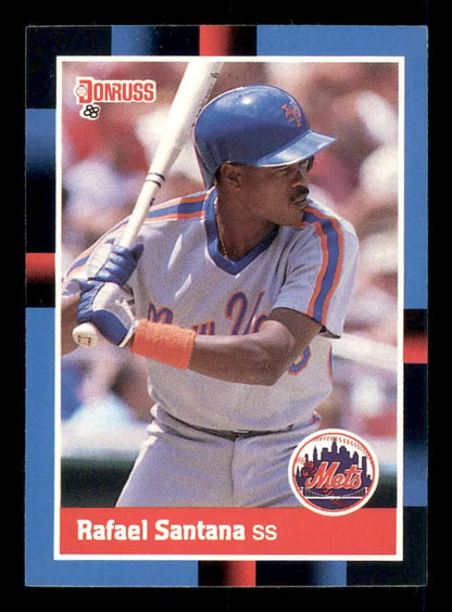 Baseball card of Rafael Santana in white uniform, New York Mets player in batting stance